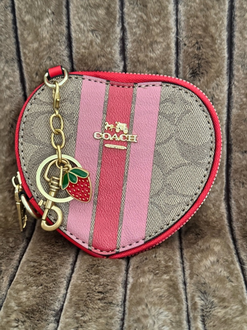Coach Signature Heart Coin Case with Pink and Red Stripes and Strawberry Charm